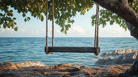 A serene outdoor scene featuring a wooden swing hanging from a lush tree near a calm ocean. Sunlight sparkles on the water, creating a perfect getaway atmosphere.の素材