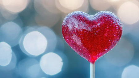 This delightful heart-shaped lollipop glistens with a vibrant red hue, perfect for romantic themes or sweet celebrations, set against a dreamy blurred backdrop.の素材
