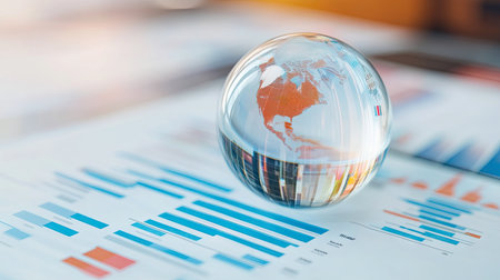This image features a clear glass sphere that reflects vibrant business charts, showcasing colorful data visualizations in a modern office setting.の素材