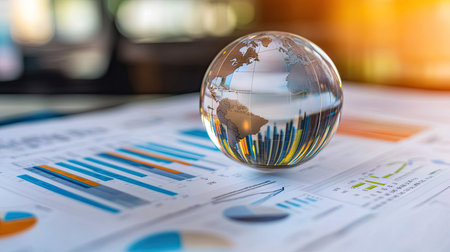 A clear crystal globe placed on a colorful business analytics report highlights global data insights, emphasizing trends and visual analysis for informed decision-making.の素材