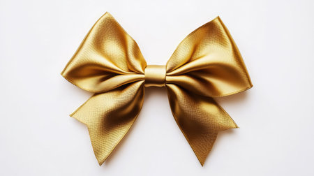 This elegant gold satin bow stands out on a crisp white background, ideal for enhancing gift presentations, decorations, or festive occasions with charm and style.の素材