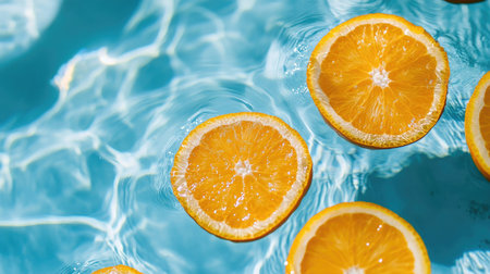 Vibrant orange slices float gracefully on the surface of clear water, creating a refreshing and lively summer ambiance perfect for relaxation and enjoyment.の素材