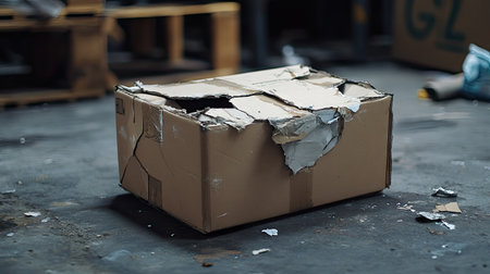 An abandoned cardboard box lies on a concrete floor, showcasing significant damage and wear from previous shipping. The scene reflects an industrial workspace and cluttered environment.の素材