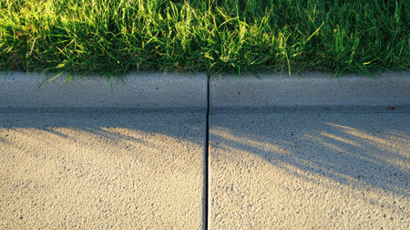 An up-close view of a concrete sidewalk edge with vibrant green grass, beautifully illuminated by the evening light, highlighting textures and creating soft shadows.の素材