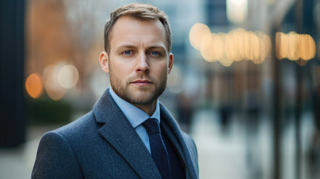 A poised businessman stands outdoors, exuding confidence with his stylish suit and serious expression. The soft-focus backdrop enhances the professional ambiance.の素材