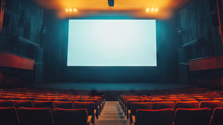 A spacious empty movie theater featuring rows of red seats, a large blank screen, and ambient lighting, showcasing a modern cinematic environment ready for film presentations.の素材