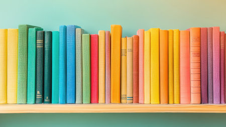 A cheerful display of neatly arranged colorful books on a shelf creates an inviting atmosphere for reading, studying, and enjoying literature in a stylish home environment.の素材