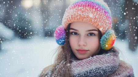 A lovely portrait of a young girl wearing a vibrant knitted hat and scarf, smiling in the midst of falling snow, embodying the joy and charm of winter wonder.の素材