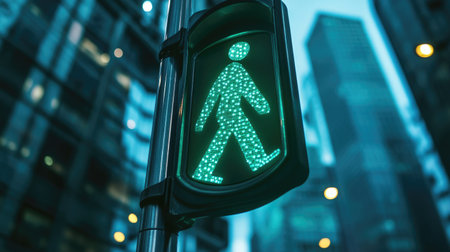 This image features a green pedestrian signal in an urban setting during dusk, highlighting safety and navigation in a busy city with buildings and a vibrant atmosphere.の素材