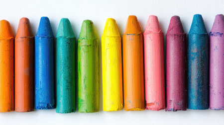 A vibrant collection of crayons arranged in a neat line, displaying a spectrum of colors perfect for inspiring creativity in children's arts and crafts activities.の素材