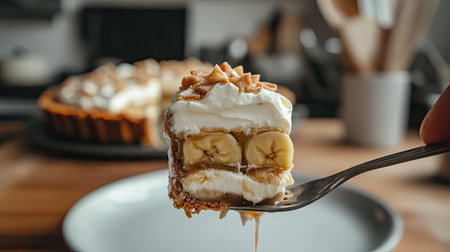 A tempting slice of banana cream pie, topped with fluffy whipped cream and crunchy nuts, beautifully presented on a fork, perfect for dessert lovers.の素材