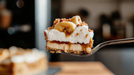 A scrumptious slice of layered banana dessert on a fork, showcasing rich cream, bananas, and a crunchy crust, ideal for delightful occasions.の素材