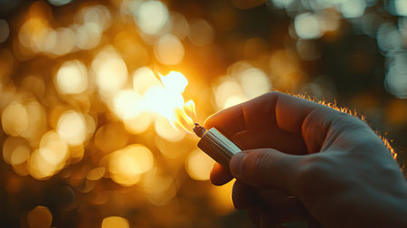 A close-up image capturing a hand holding a lighter emitting a vibrant flame, set against a beautiful bokeh background of warm golden hues, evoking a sense of peace and warmth.の素材