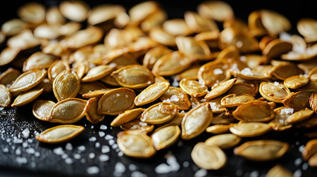 A detailed close-up image of roasted pumpkin seeds sprinkled with sea salt, showcasing their crunchy texture and appealing color on a dark surface, perfect for food lovers.の素材