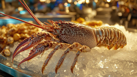 A stunning display of a freshly caught lobster on a bed of ice, showcasing its vibrant colors and unique textures, ideal for restaurants and seafood markets.の素材