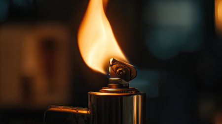 A captivating close-up image capturing the mesmerizing flame of a lighter against a dark background, highlighting the vibrant colors and dynamic nature of fire.の素材