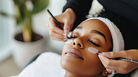 A serene setting shows a woman enjoying an eye treatment at a spa, highlighting professional skincare techniques and the importance of self-care and relaxation.の素材