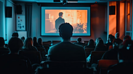 A captivated audience enjoys a cinematic experience in a dimly lit theater. The vibrant colors and shadows create an engaging atmosphere for the film presentation.の素材