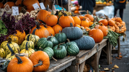 A colorful assortment of pumpkins and gourds on display in a vibrant farmers market. This picturesque scene showcases the beauty of autumn harvest and local produce.の素材