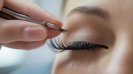 A close-up view captures the delicate application of eyelash extensions in a beauty salon, showcasing the expert technique and elegant results that enhance feminine beauty.の素材