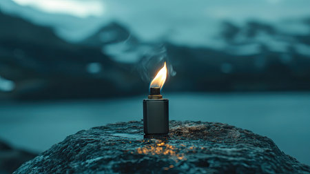 A close-up of a metallic lighter with a warm flame, positioned on a textured rock, with a breathtaking mountain backdrop and tranquil waters capturing the momentの素材