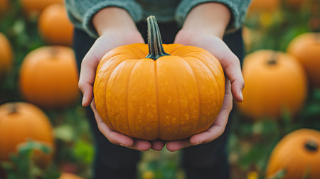 A close-up view of a person holding a bright orange pumpkin in a lush pumpkin patch. The image captures the essence of autumn festivities and outdoor harvest activities.の素材