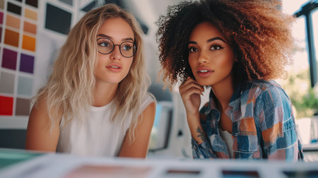 Two young women share ideas in a modern workspace filled with color samples, showcasing creativity and collaboration in a vibrant and stylish setting.の素材
