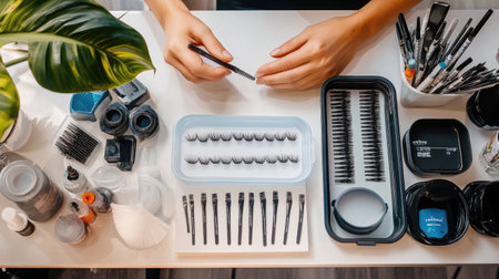 A well-organized beauty workspace featuring various cosmetic tools, eyelash products, and brushes for professional makeup application and creative artistry.の素材