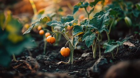 Discover the beauty of pumpkin plants thriving in rich soil under warm autumn sunlight, showcasing vibrant orange pumpkins nestled among lush green leaves in a garden.の素材