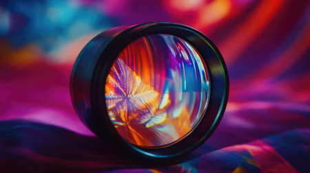 A striking close-up of a camera lens surrounded by an explosion of color on a textured fabric. The image showcases captivating reflections and artistic light refractions.の素材