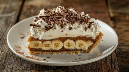 A delightful banana cream dessert perfectly layered with whipped cream, banana slices, and caramel, topped with chocolate shavings on a rustic plate.の素材