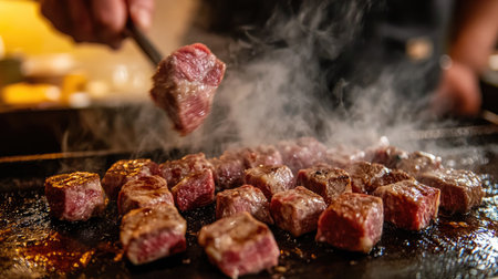 Juicy beef cubes sear on a hot grill, releasing flavorful smoke in a vibrant kitchen. A chef expertly flips the meat, showcasing culinary skills and passion.の素材