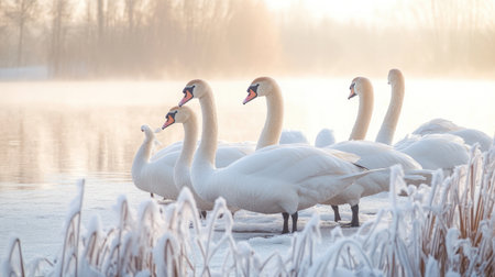 A stunning scene of swans standing gracefully in a frosty landscape, surrounded by misty waters and soft sunlight creating a tranquil winter ambiance.の素材
