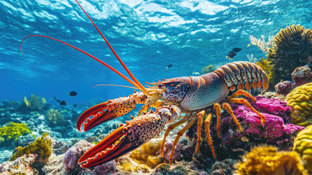 A stunning lobster navigates through a vibrant coral reef, showcasing the beauty of marine life in crystal clear ocean waters. Perfect for nature lovers and ocean enthusiasts.の素材