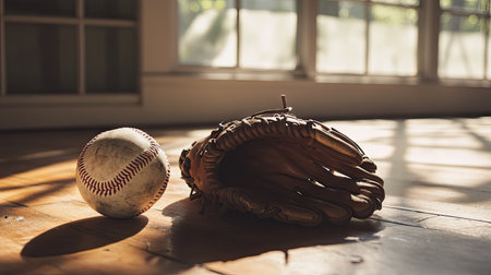 A beautifully lit image capturing a vintage baseball and glove resting on a wooden floor. The warm sunlight highlights the textures and evokes nostalgia for the sport and childhood memories.の素材