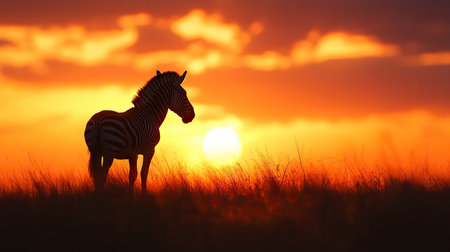 A stunning silhouette of a zebra stands majestically against a vibrant sunset, showcasing the serene beauty of wildlife in Africa's expansive landscape.の素材