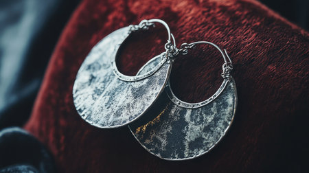 This image features elegant silver hoop earrings with a textured surface displayed on a rich velvet background, highlighting their sophisticated design and craftsmanship.の素材