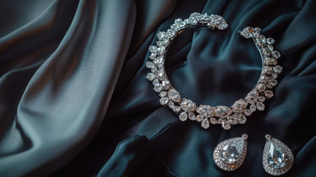 Discover the exquisite beauty of this jewelry set, featuring a stunning necklace and earrings, perfectly displayed against a luxurious fabric backdrop.の素材
