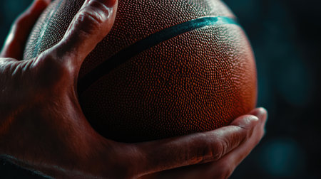 A dynamic close-up captures hands gripping a basketball, emphasizing its texture and dramatic lighting, perfect for sports-themed projects or promotional materials.の素材