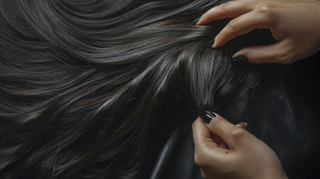 This image features a close-up of hands gently playing with long silky dark hair against a black background, showcasing the texture, shine, and elegance of beautiful hair.の素材