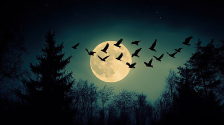 A mesmerizing full moon illuminates a serene forest, with silhouetted trees and birds gracefully flying across the sky, evoking a sense of calm and tranquility.の素材