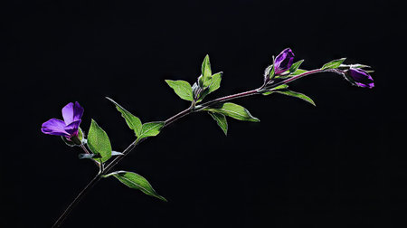 This stunning image captures a violet flower branch with lush green leaves, set against a dark backdrop, highlighting the beauty and elegance of natureの素材