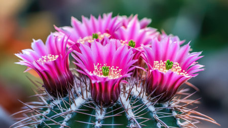 Discover the stunning beauty of vibrant pink flowers blooming on a cactus with sharp spines, set against a soft background. Ideal for nature and botany enthusiasts.の素材