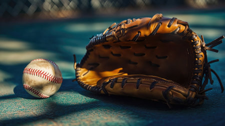 Vintage baseball glove rests on the turf alongside a baseball, beautifully lit with warm light. Perfect for showcasing sports, nostalgia, and the love of Americaの素材