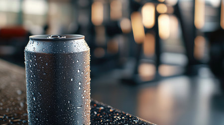 A close-up view of a refreshing beverage can covered in droplets, placed on a countertop in a fitness center, emphasizing an active lifestyle and hydration.の素材
