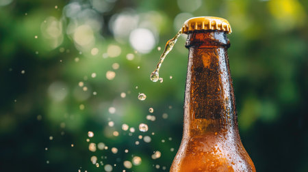 A close-up of a cold beer bottle with droplets and splashes against a soft green background, evoking summer vibes and refreshing moments with friends.の素材