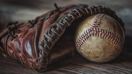 A vintage leather baseball glove and a worn baseball lie on a rustic wooden surface, evoking nostalgia and passion for the game, perfect for sports enthusiasts.の素材