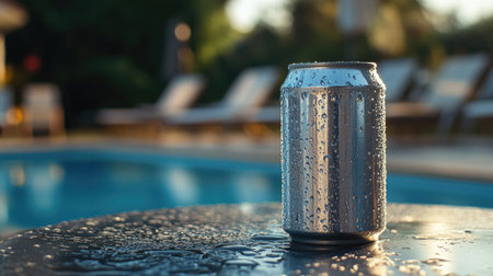 A stunning silver can adorned with droplets stands on a table beside a shimmering pool, epitomizing summer relaxation and refreshment in a vibrant outdoor setting.の素材