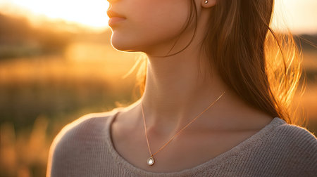 A serene portrait of a young woman with a delicate necklace, illuminated by soft sunset light in a warm field, capturing a moment of natural beauty and tranquility.の素材