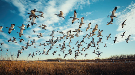 A breathtaking scene capturing a flock of birds in mid-flight over a tranquil marshland, showcasing a beautiful sunrise and vibrant skies.の素材